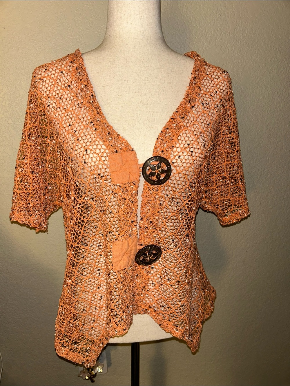 Vintage Handcrafted Orange Crochet Cardigan Star Buttons